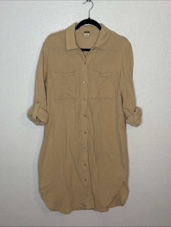 Magaschoni Dresses & Skirts - Magaschoni Tan Gauze Organic Cotton Button Down Shirt Dress MIDI Size Large